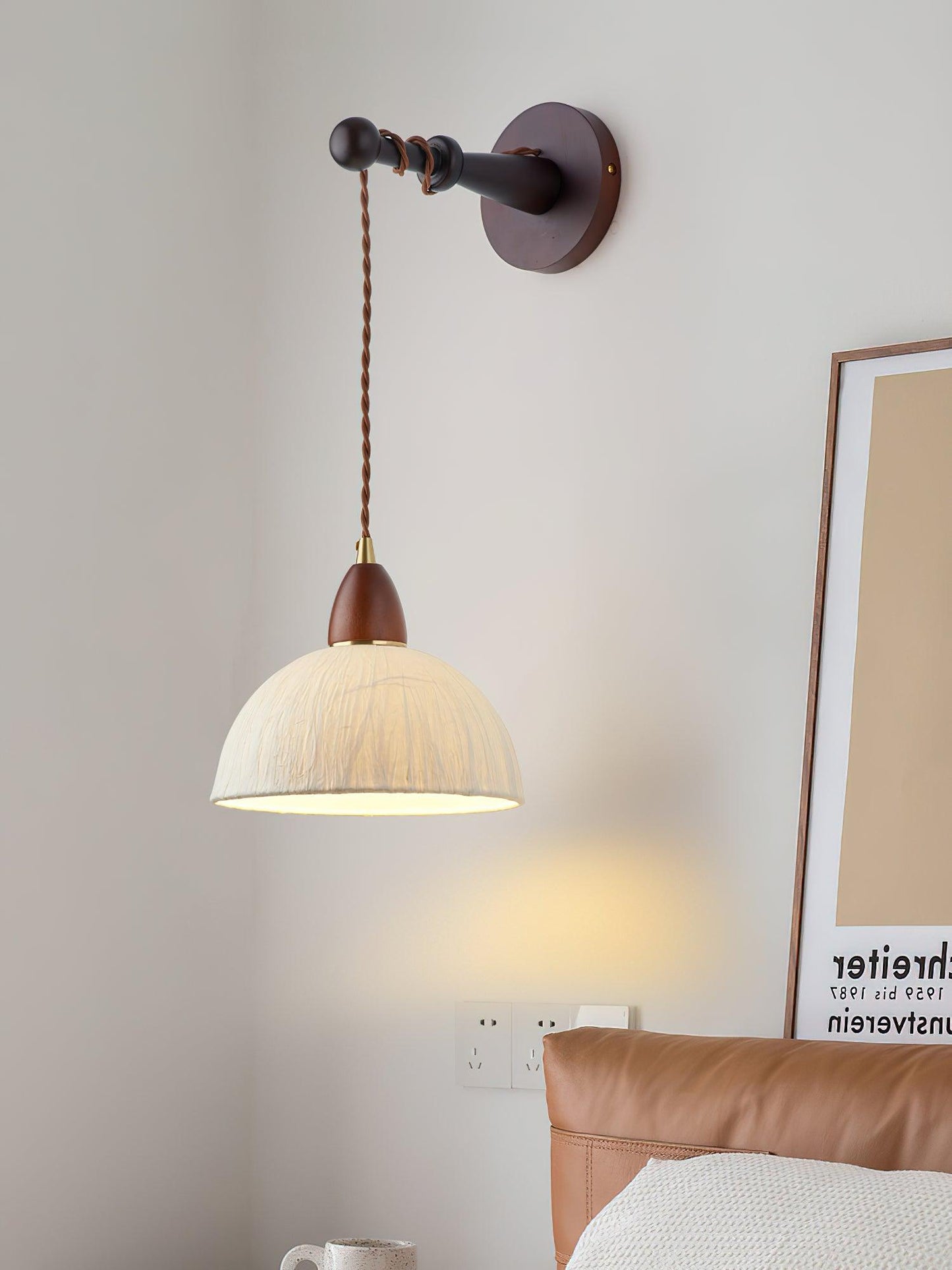 Soren Wall Lamp - Handmade White Rice Paper Shade, Walnut Wood
