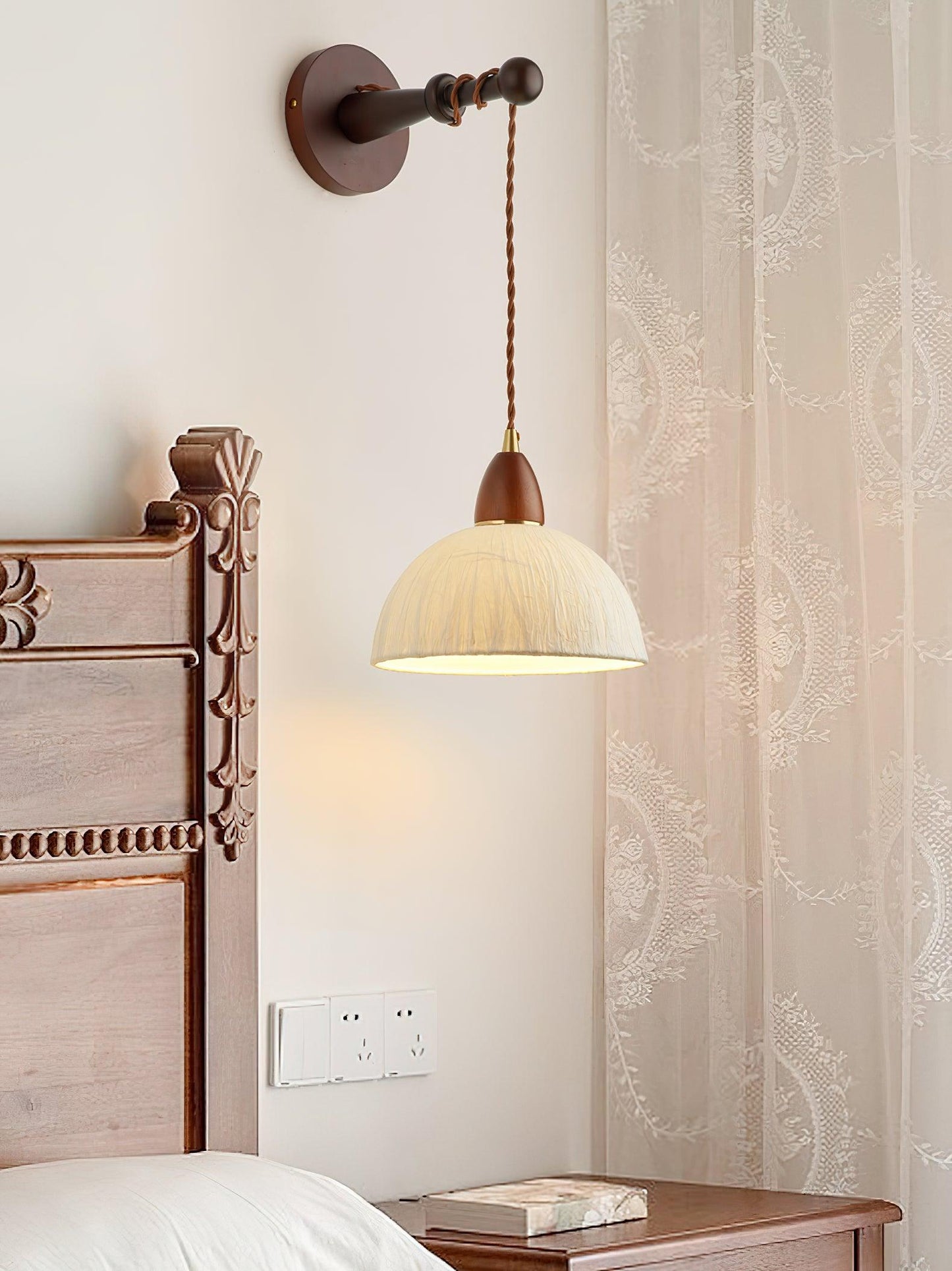 Soren Wall Lamp - Handmade White Rice Paper Shade, Walnut Wood