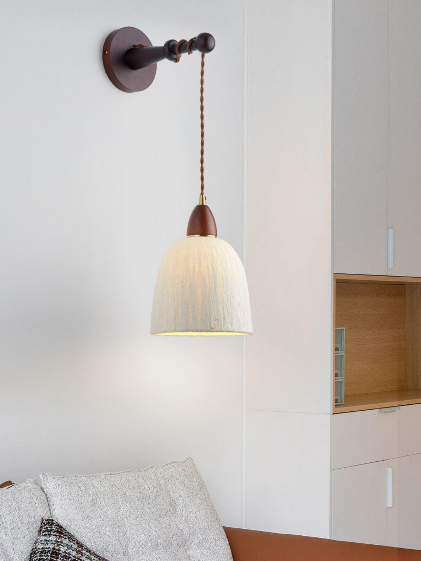 Soren Wall Lamp - Handmade White Rice Paper Shade, Walnut Wood