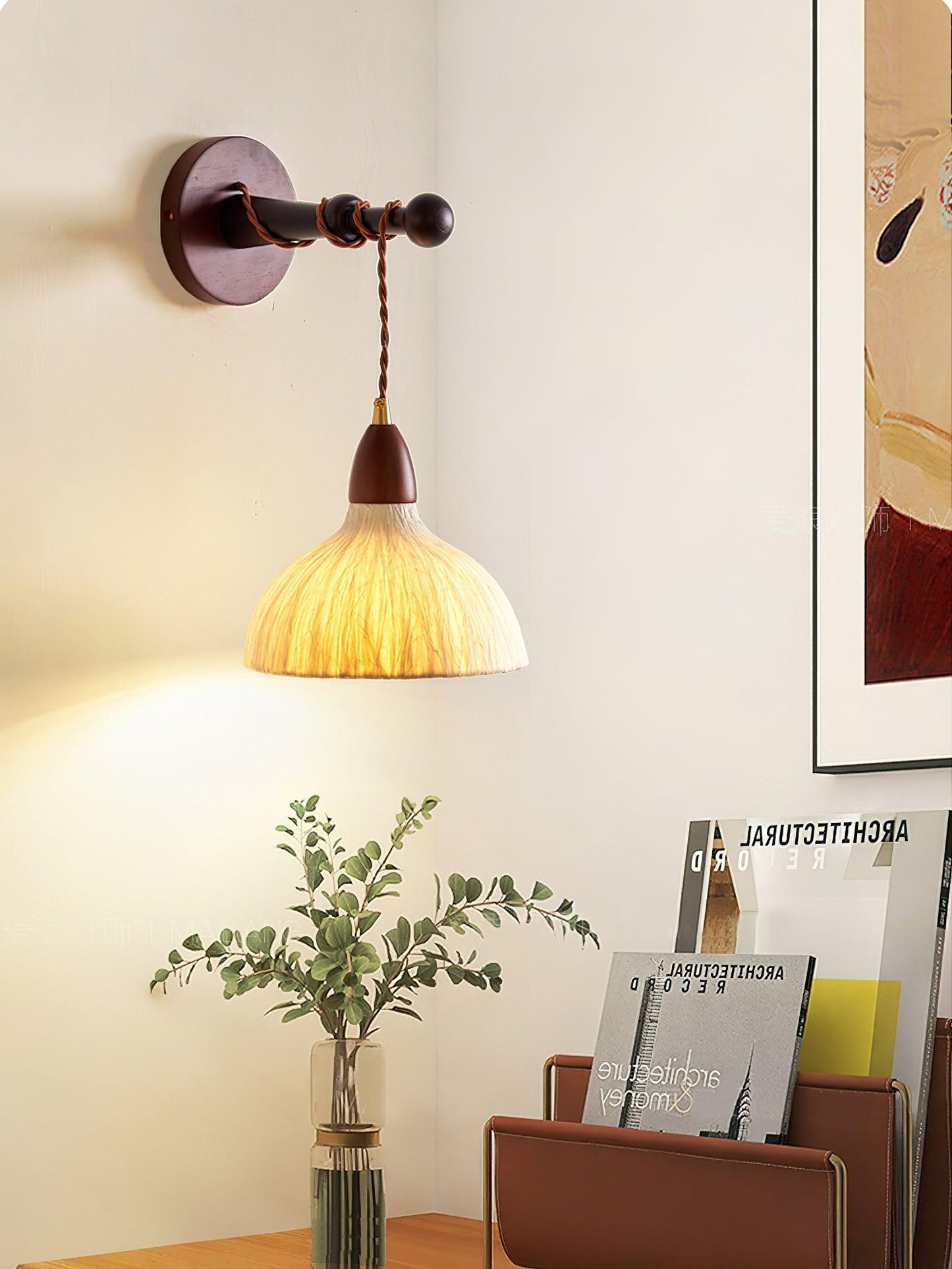 Soren Wall Lamp - Handmade White Rice Paper Shade, Walnut Wood