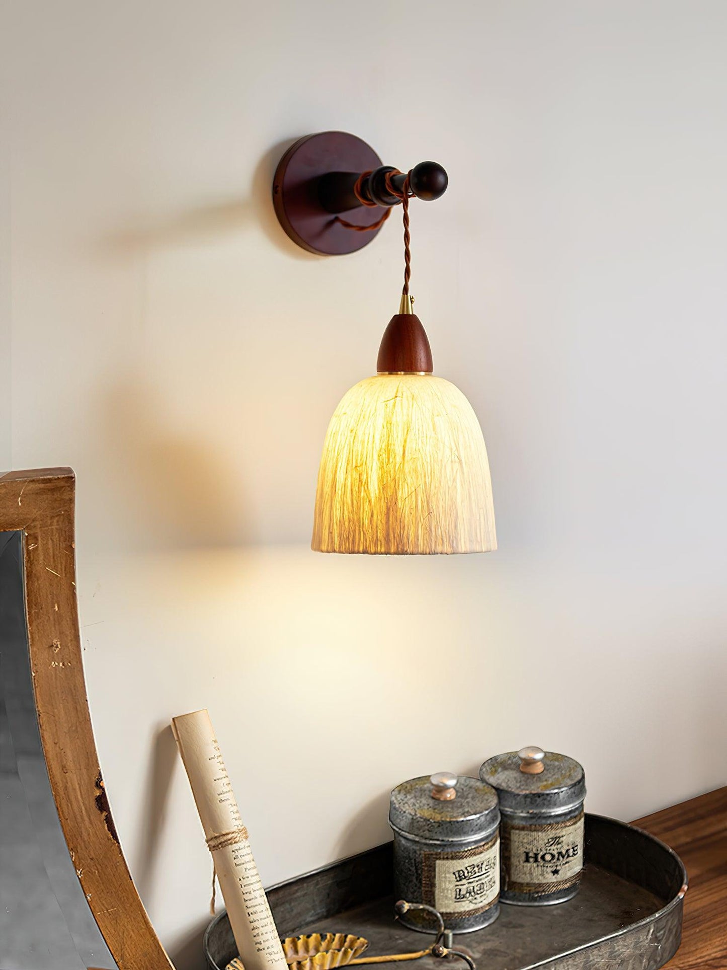 Soren Wall Lamp - Handmade White Rice Paper Shade, Walnut Wood