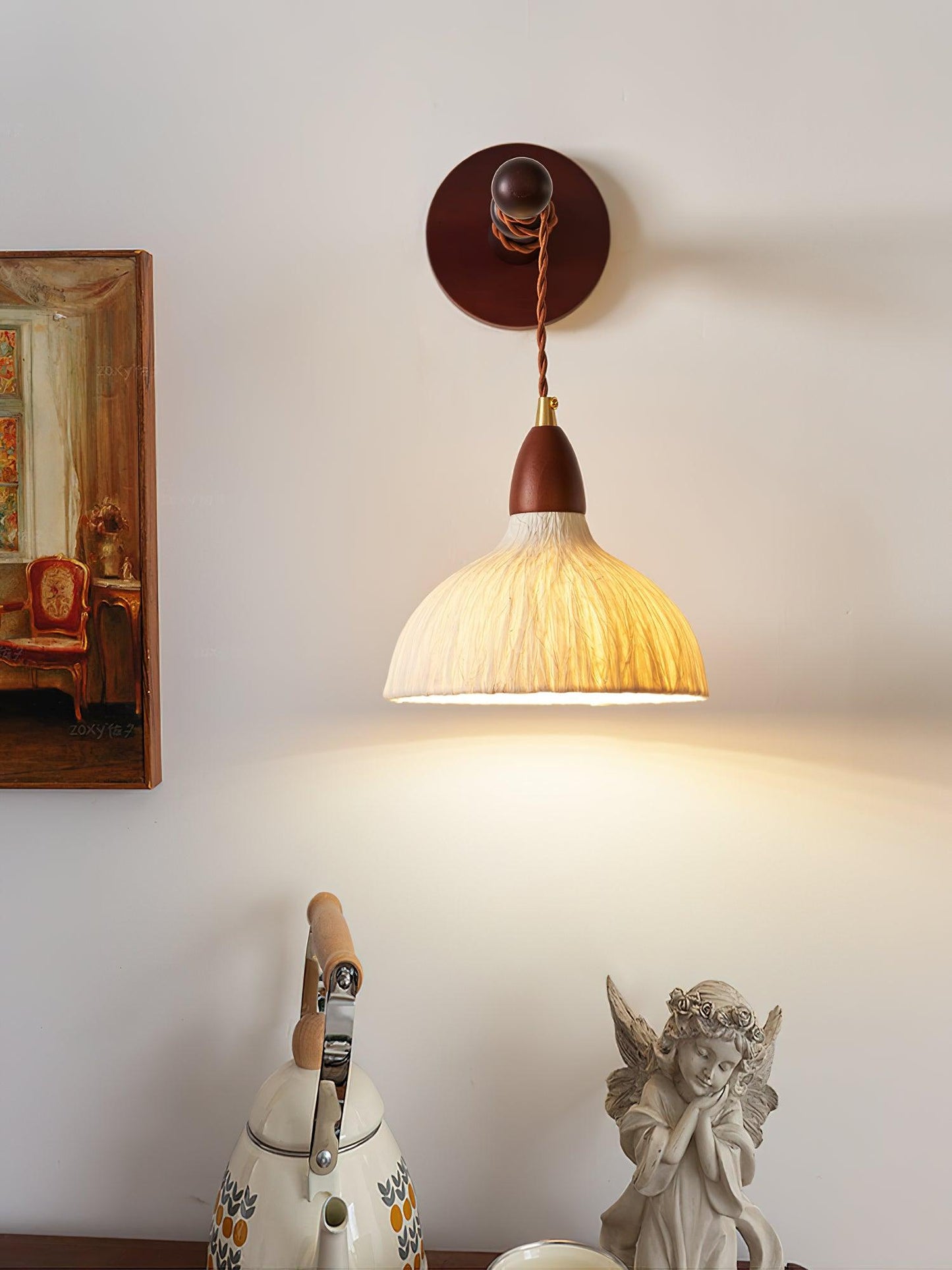 Soren Wall Lamp - Handmade White Rice Paper Shade, Walnut Wood