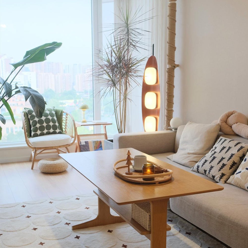 Surfboard Floor Lamp with Teak Finish and LED Light