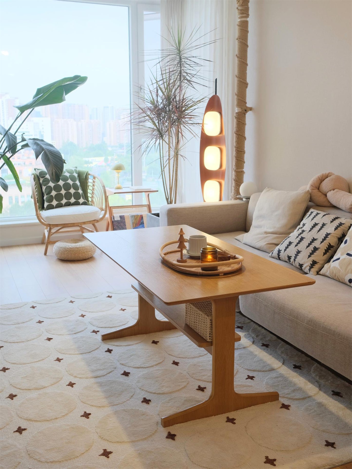 Surfboard Floor Lamp with Teak Finish and LED Light