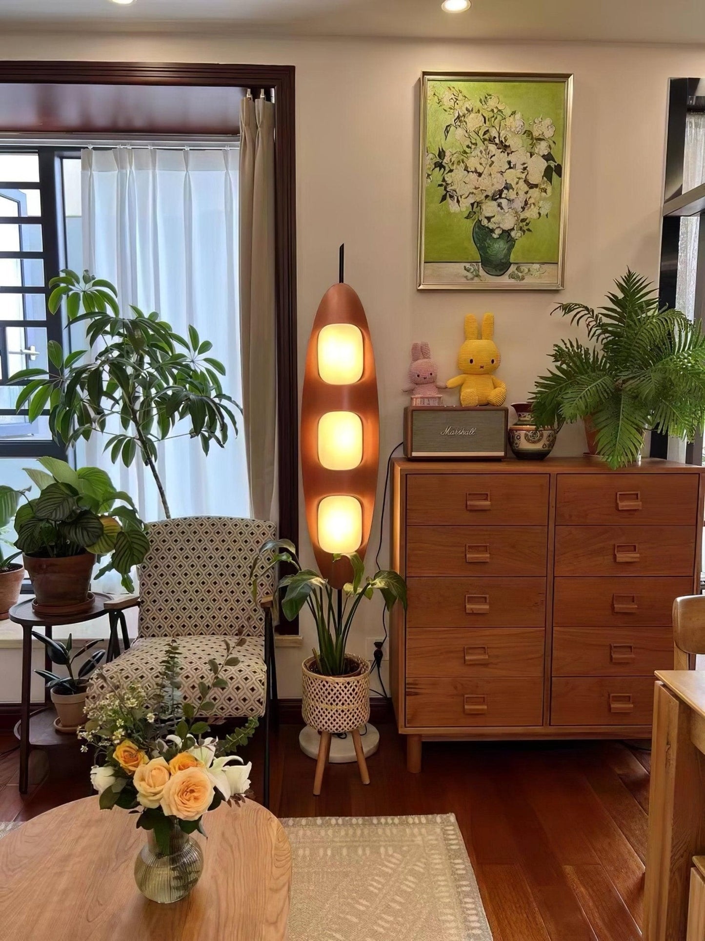 Surfboard Floor Lamp with Teak Finish and LED Light