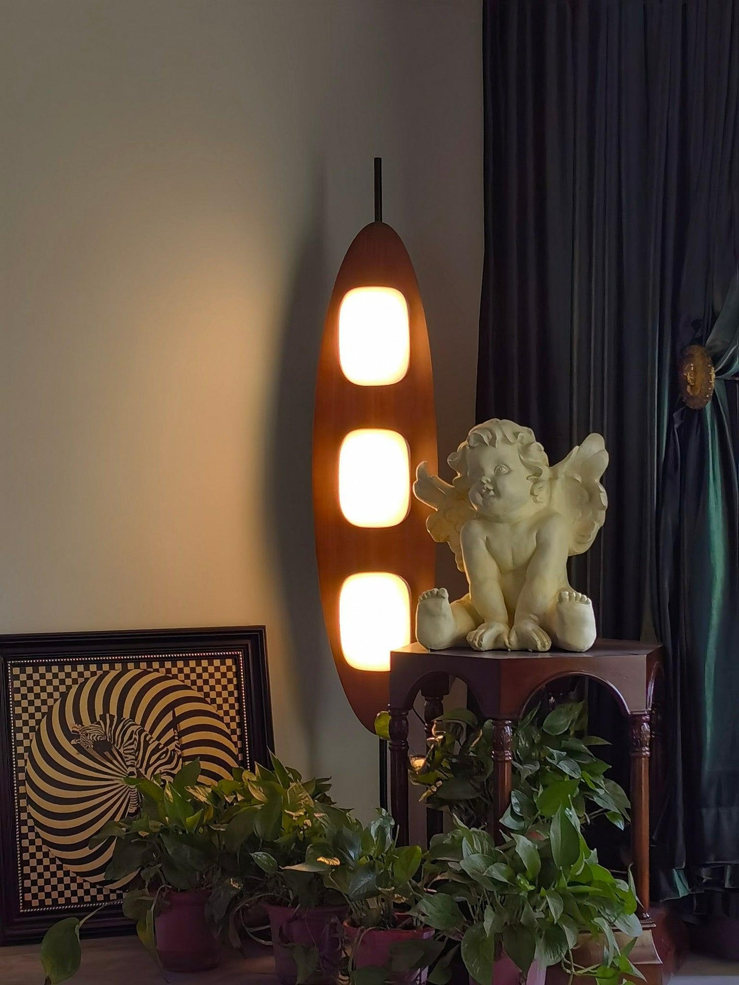 Surfboard Floor Lamp with Teak Finish and LED Light