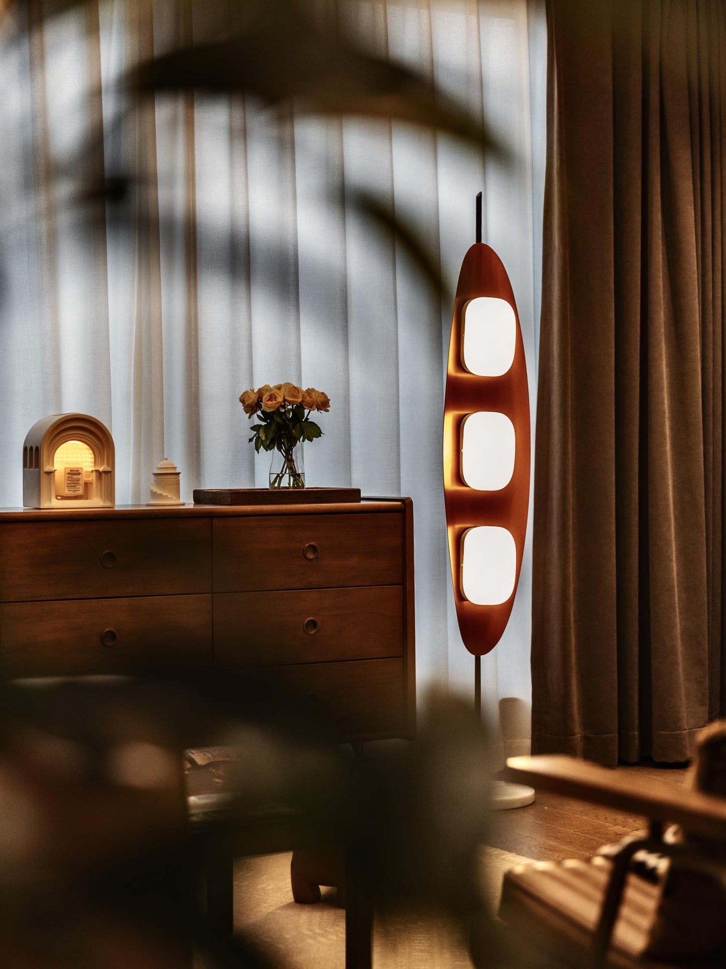 Surfboard Floor Lamp with Teak Finish and LED Light