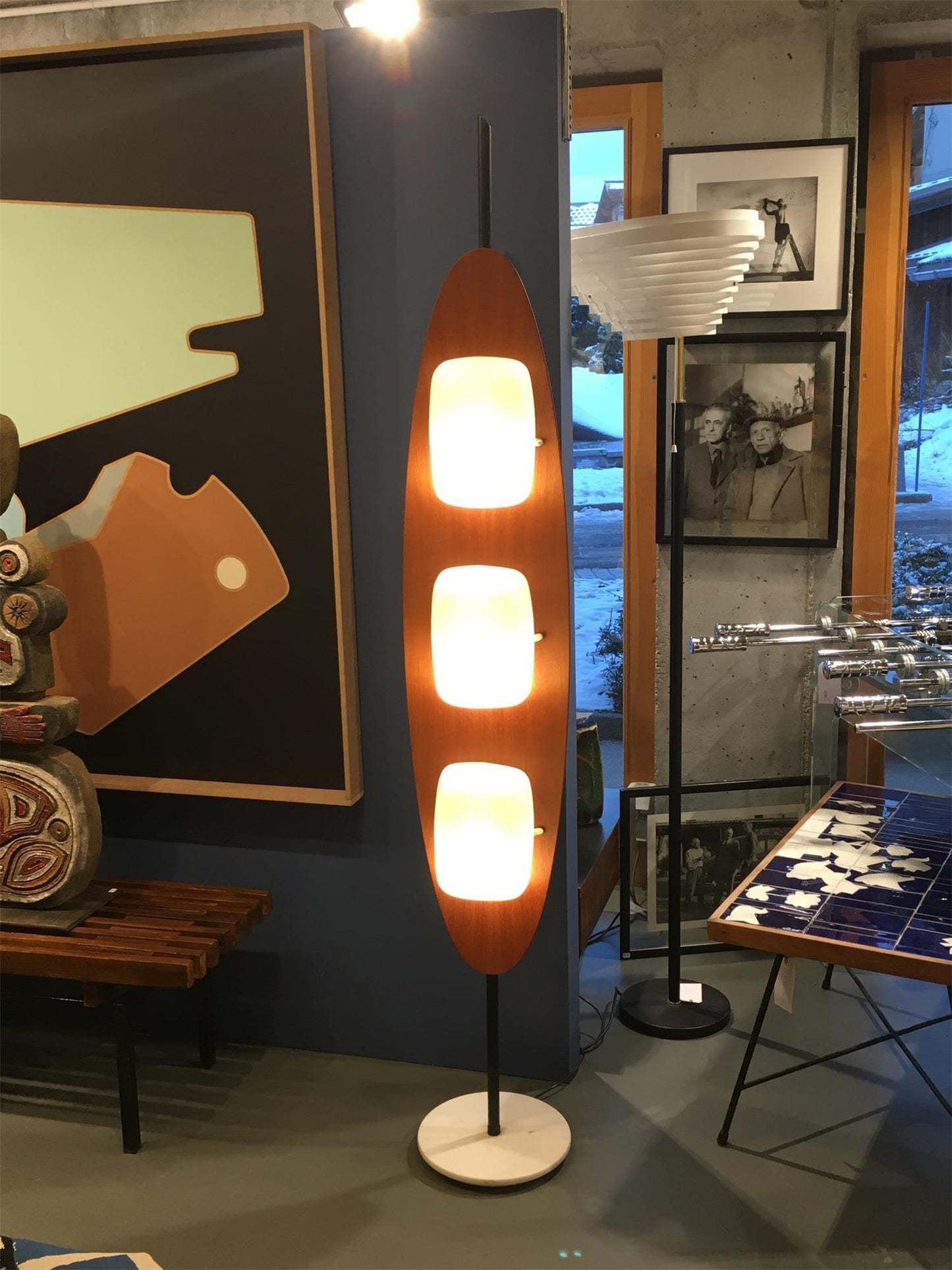 Surfboard Floor Lamp with Teak Finish and LED Light
