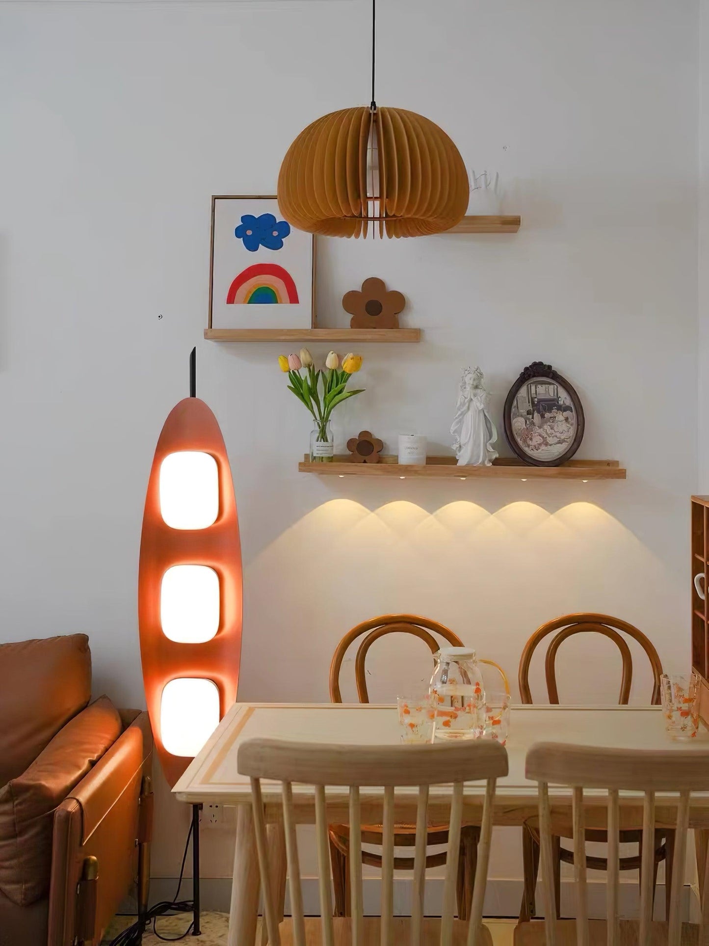 Surfboard Floor Lamp with Teak Finish and LED Light
