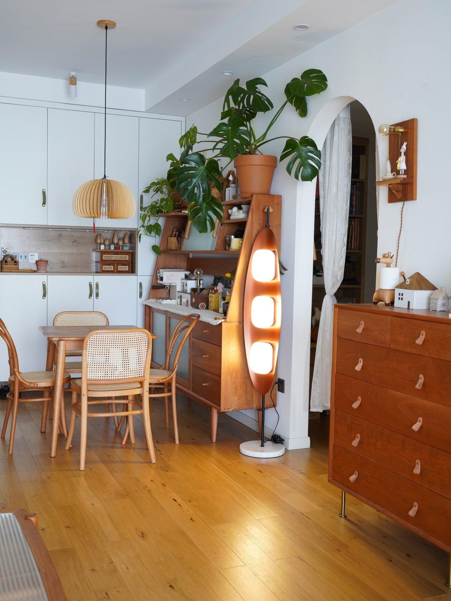 Surfboard Floor Lamp with Teak Finish and LED Light