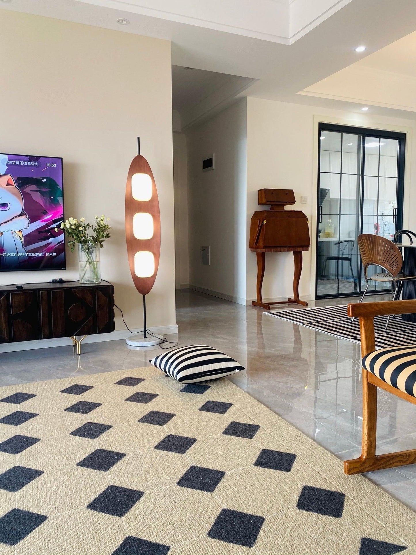 Surfboard Floor Lamp with Teak Finish and LED Light