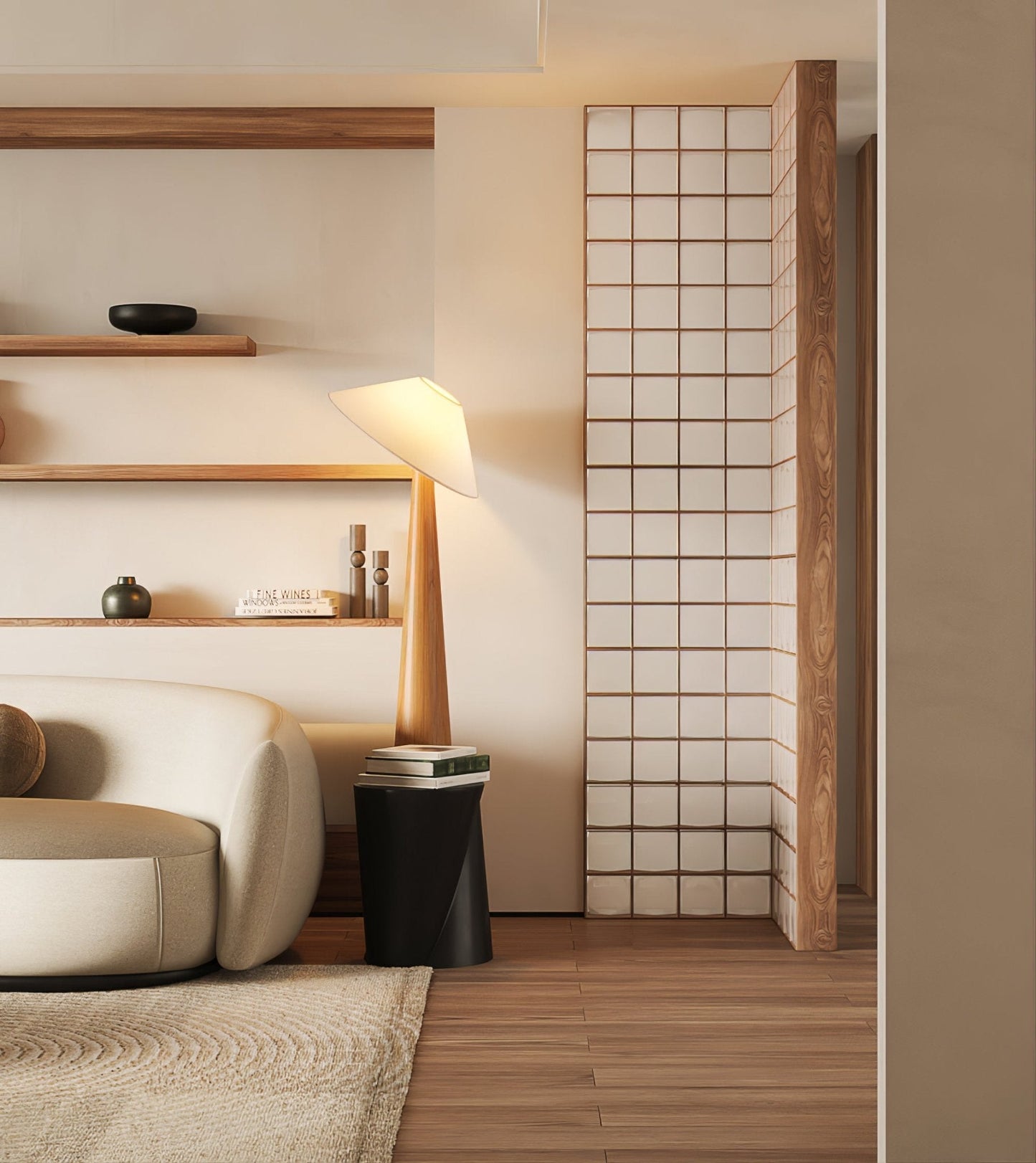 Tilt Hat Wooden Floor Lamp with LED Shade - Indoor Lighting