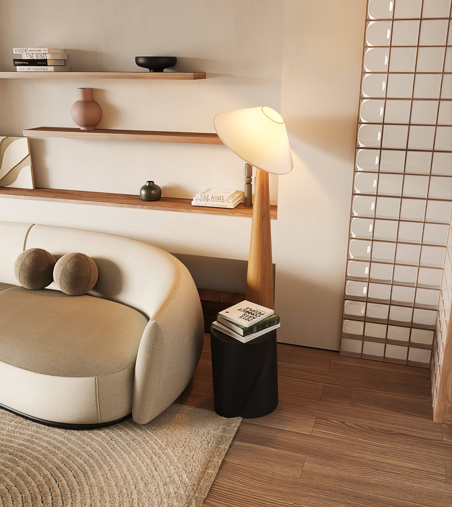Tilt Hat Wooden Floor Lamp with LED Shade - Indoor Lighting