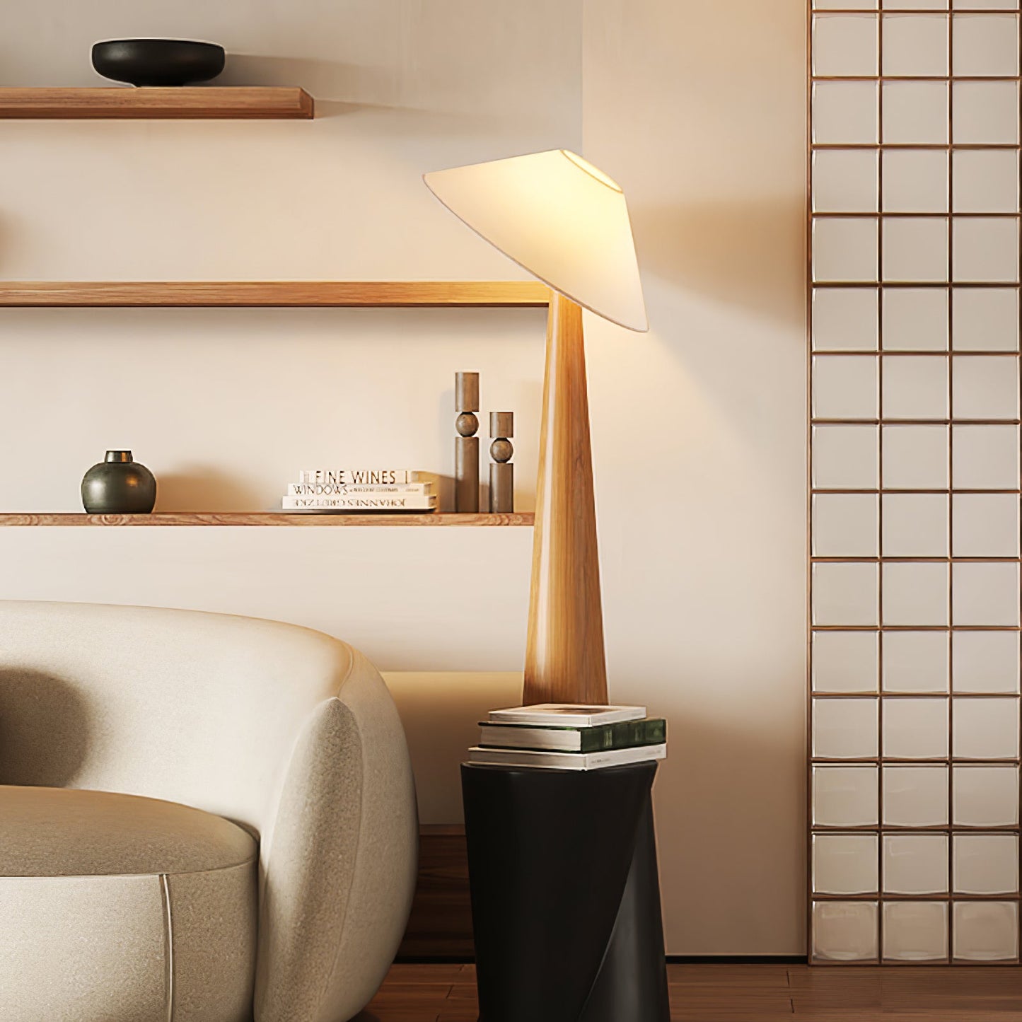 Tilt Hat Wooden Floor Lamp with LED Shade - Indoor Lighting