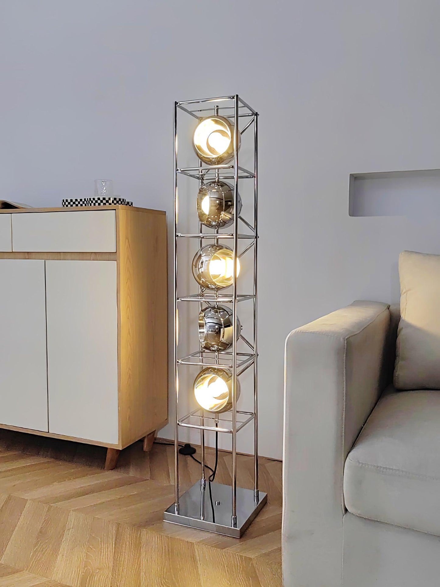 Tower of Spheres Floor Lamp with LED Light - Chrome