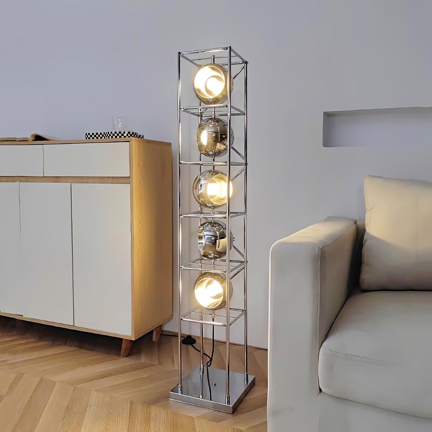 Tower of Spheres Floor Lamp with LED Light - Chrome