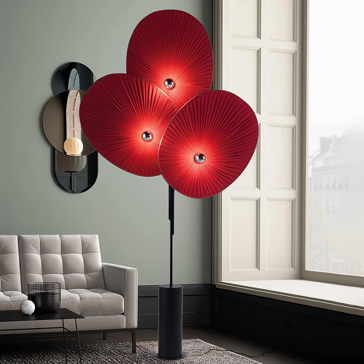 Triple Floral Floor Lamp with LED, Colourful Shades, Black Frame