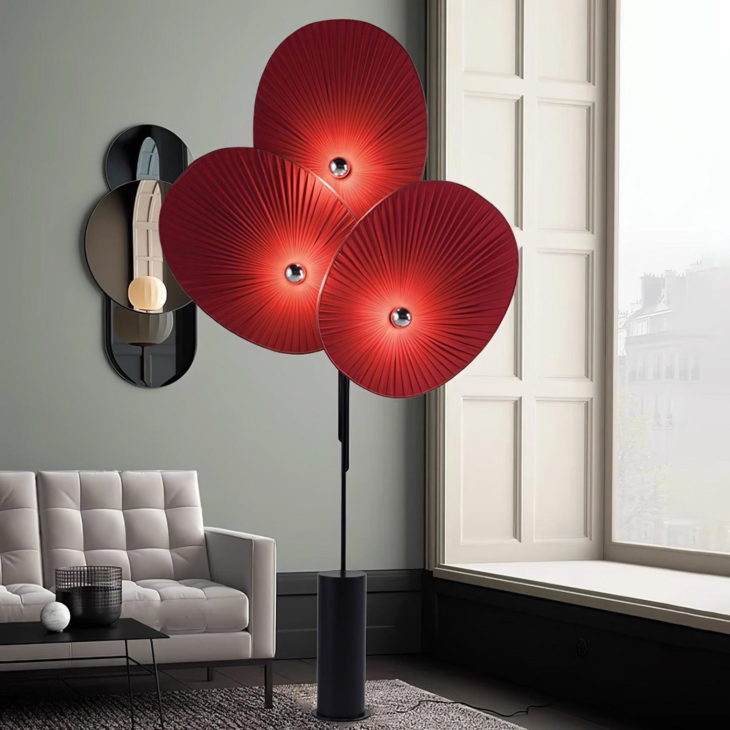 Triple Floral Floor Lamp with LED, Colourful Shades, Black Frame