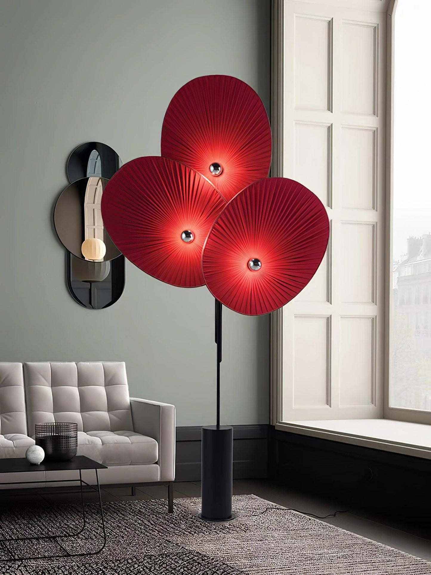 Triple Floral Floor Lamp with LED, Colourful Shades, Black Frame