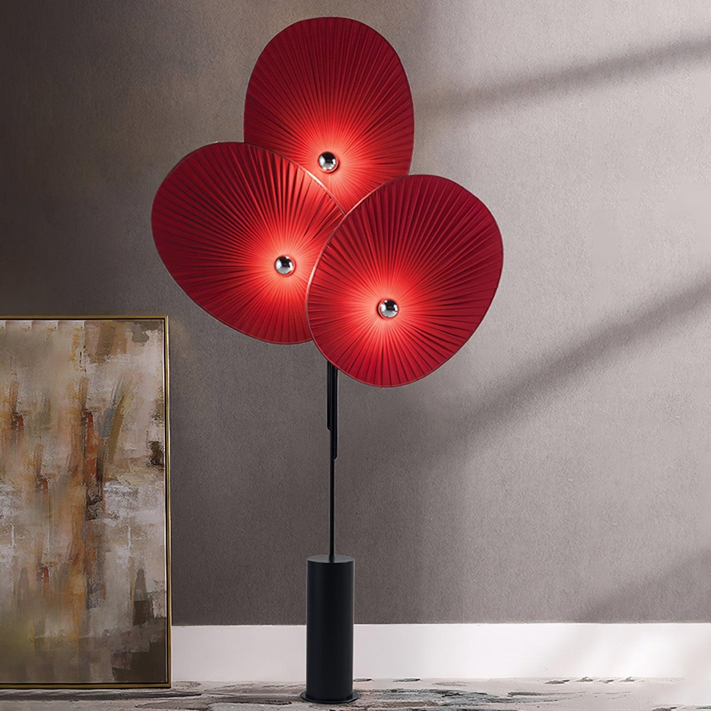 Triple Floral Floor Lamp with LED, Colourful Shades, Black Frame