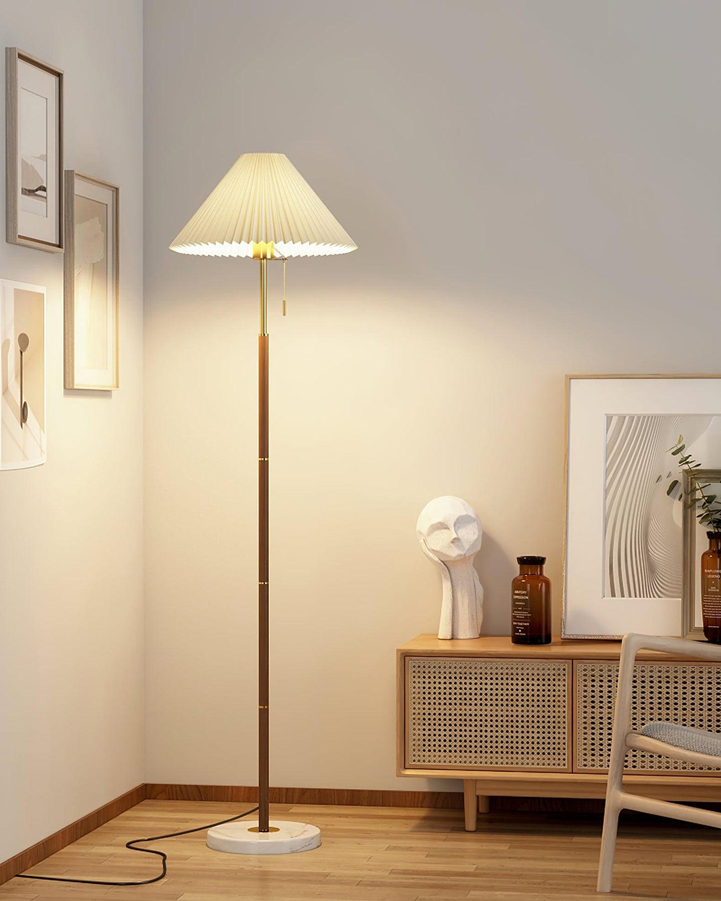 Vintage Pleated Floor Lamp with Marble Base and LED Light