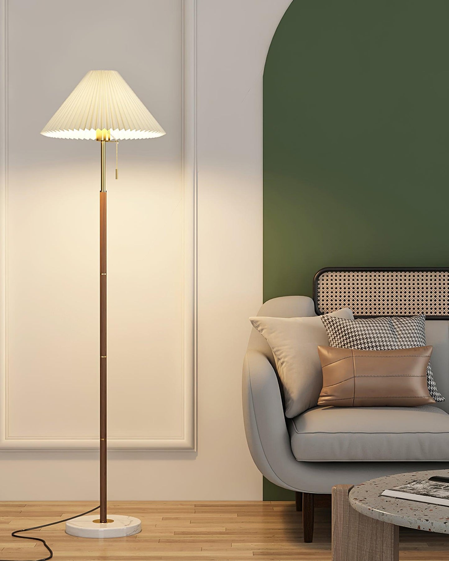 Vintage Pleated Floor Lamp with Marble Base and LED Light