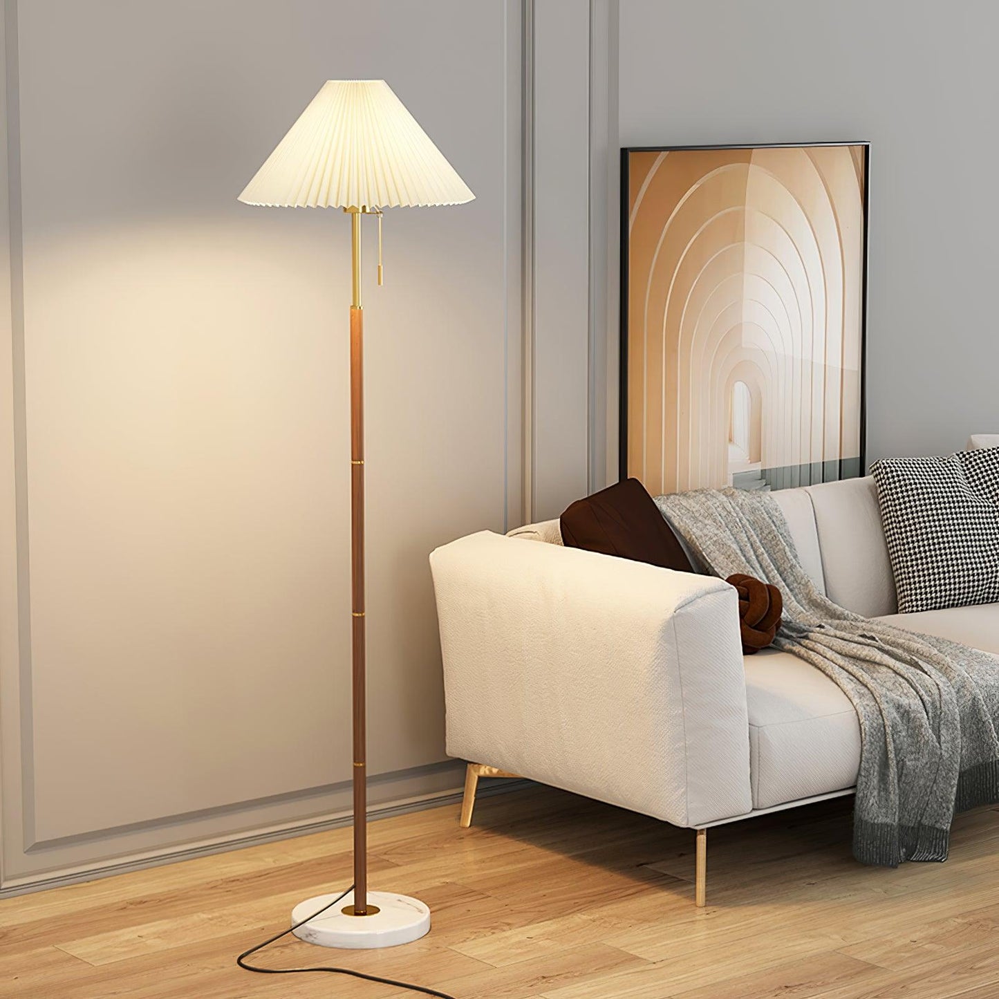 Vintage Pleated Floor Lamp with Marble Base and LED Light