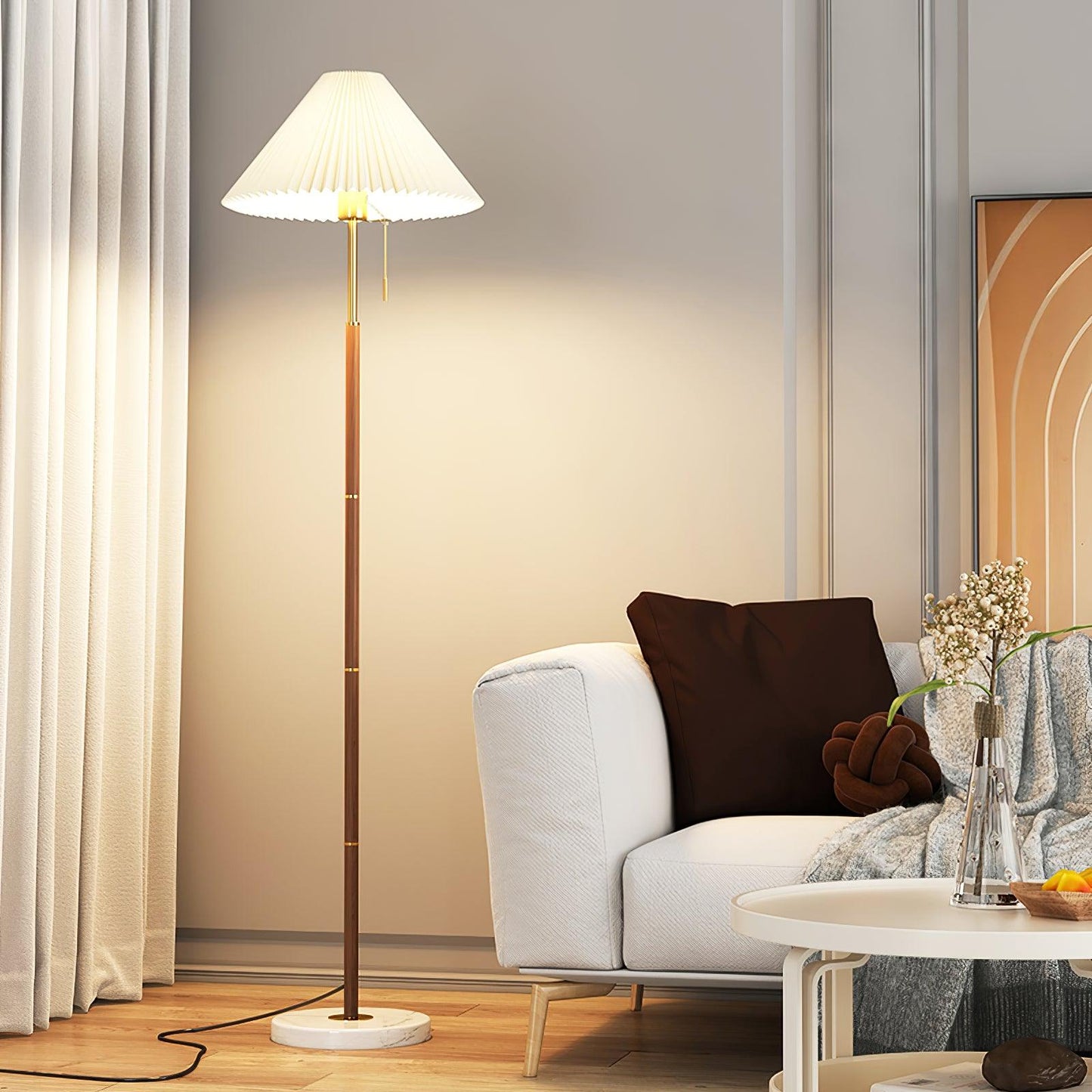 Vintage Pleated Floor Lamp with Marble Base and LED Light
