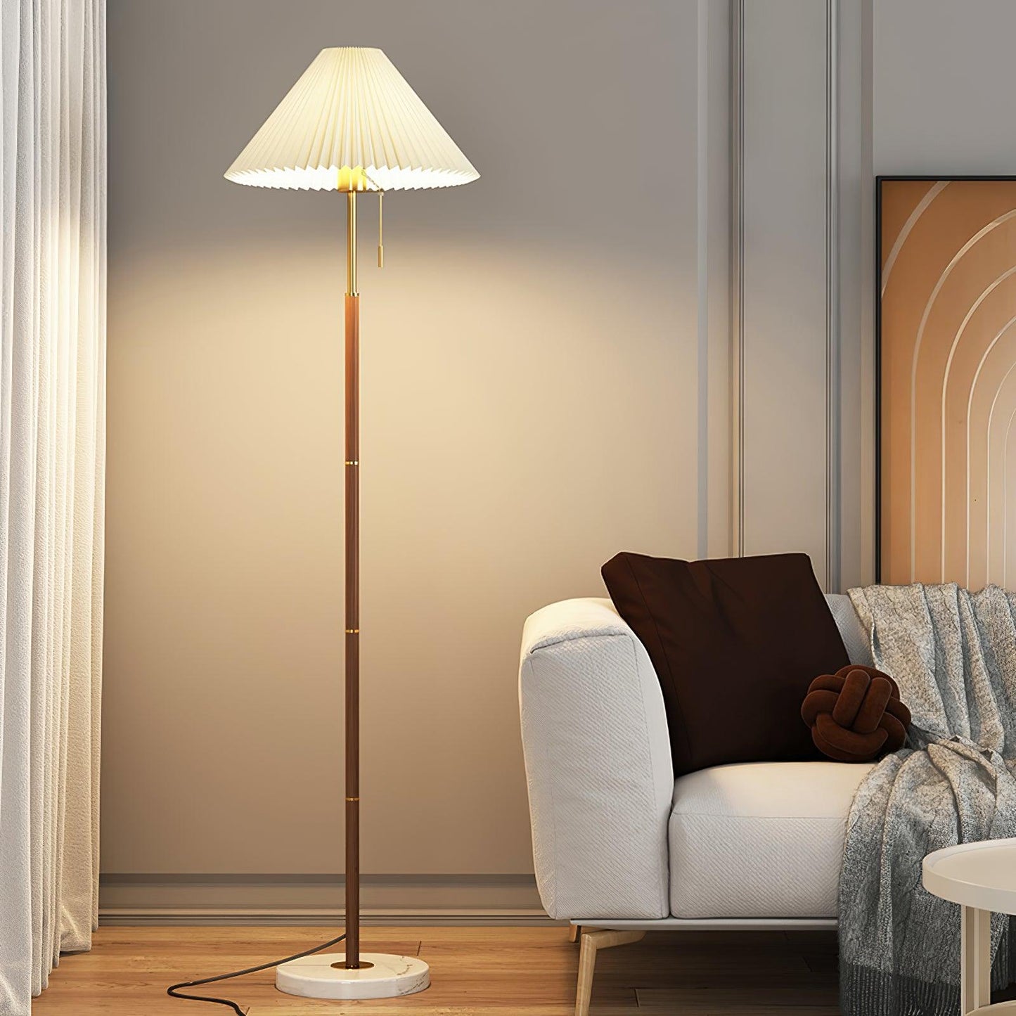 Vintage Pleated Floor Lamp with Marble Base and LED Light