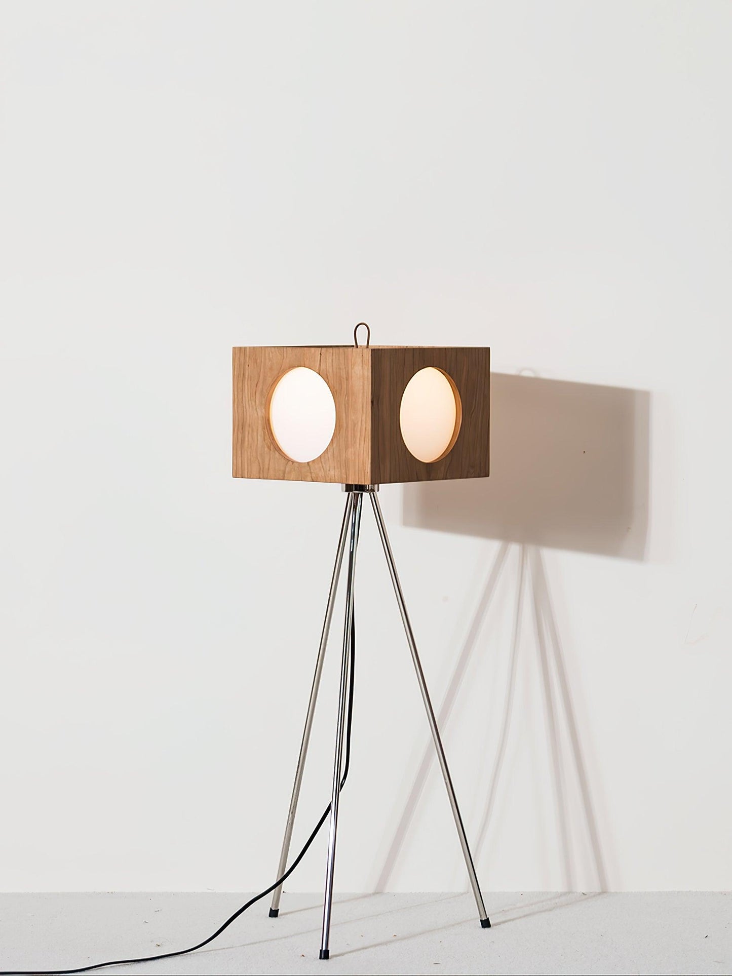 Vintage Tripod Camera Floor Lamp with LED Light, Cherry Wood