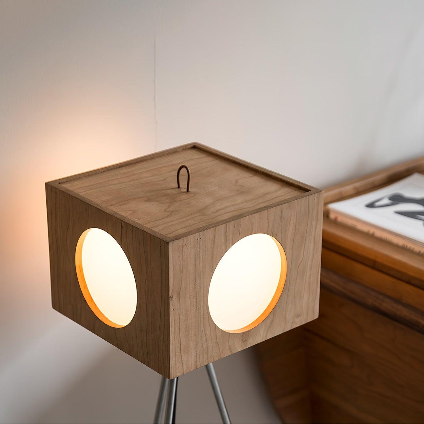 Vintage Tripod Camera Floor Lamp with LED Light, Cherry Wood