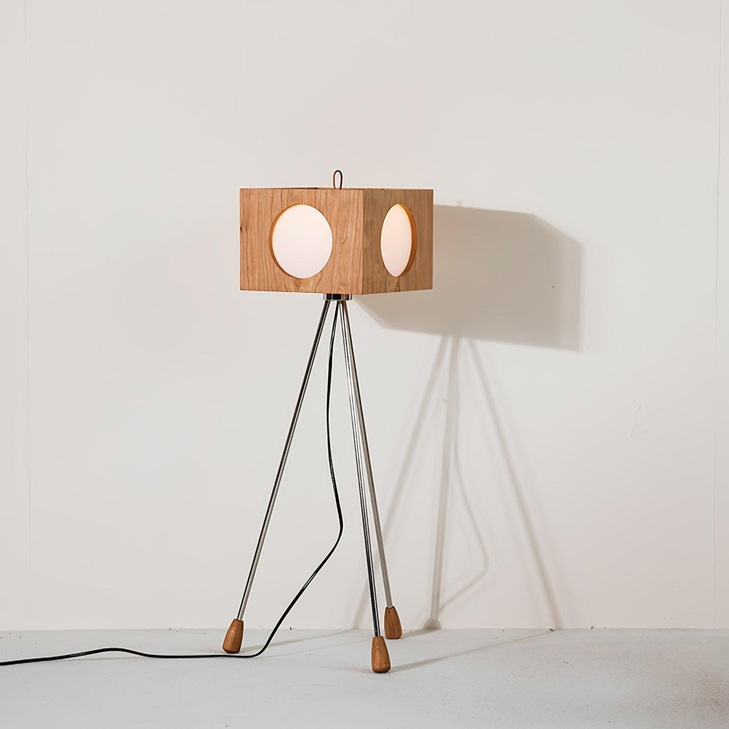 Vintage Tripod Camera Floor Lamp with LED Light, Cherry Wood