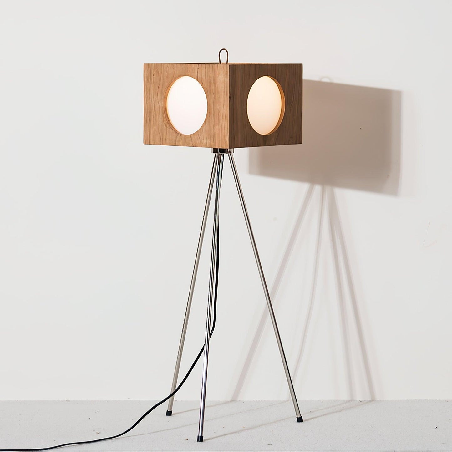 Vintage Tripod Camera Floor Lamp with LED Light, Cherry Wood