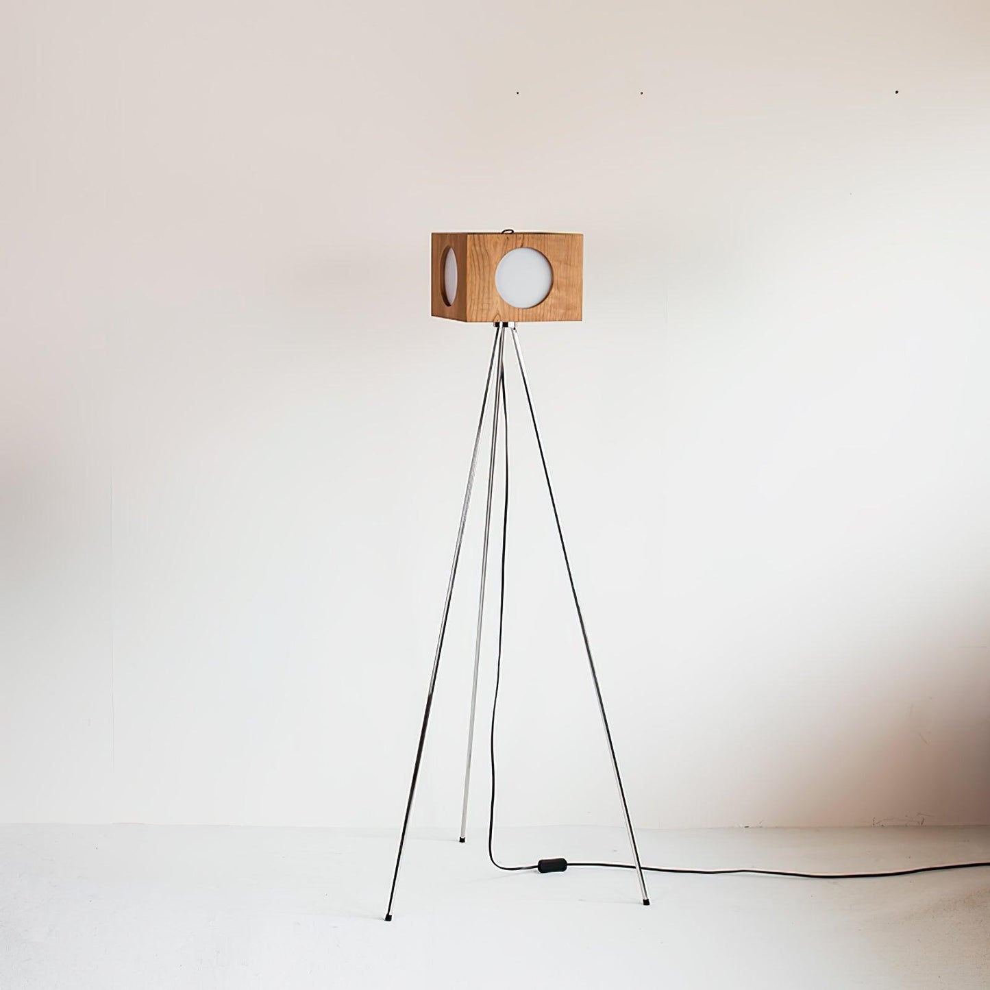 Vintage Tripod Camera Floor Lamp with LED Light, Cherry Wood