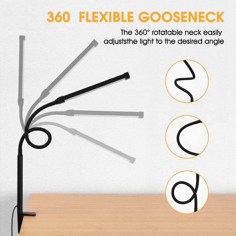 LED Desk Lamp with Eye-Caring Clip-On Lights for Home Office, 3 Modes 10 Brightness Levels, Flexible Goose Neck, Metal, Adjustable Architect Task Lamp with USB Adapter, White