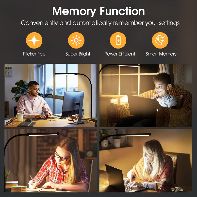 LED Desk Lamp with Eye-Caring Clip-On Lights for Home Office, 3 Modes 10 Brightness Levels, Flexible Goose Neck, Metal, Adjustable Architect Task Lamp with USB Adapter, White