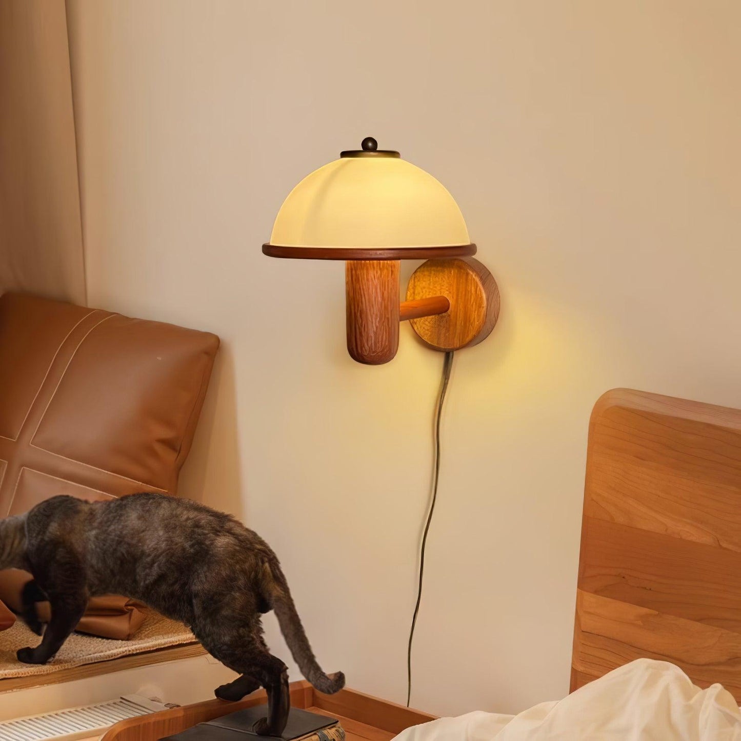 Mushroom Wood Wall Lamp with LED Shade - Indoor Lighting