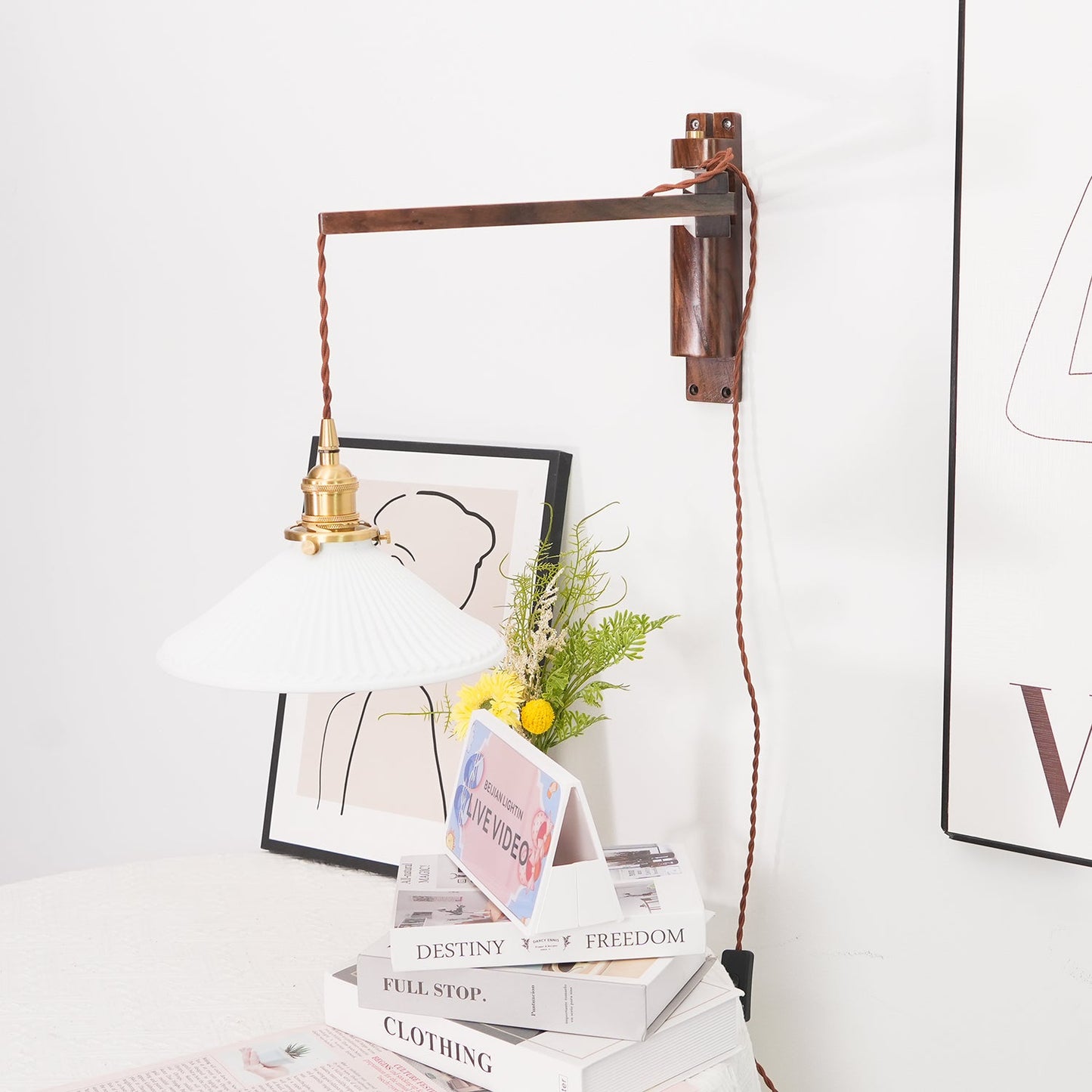 Swing Arm Walnut Wall Light with Adjustable Arm and Shade