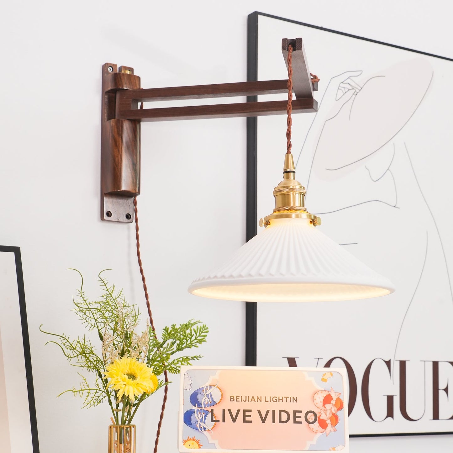 Swing Arm Walnut Wall Light with Adjustable Arm and Shade