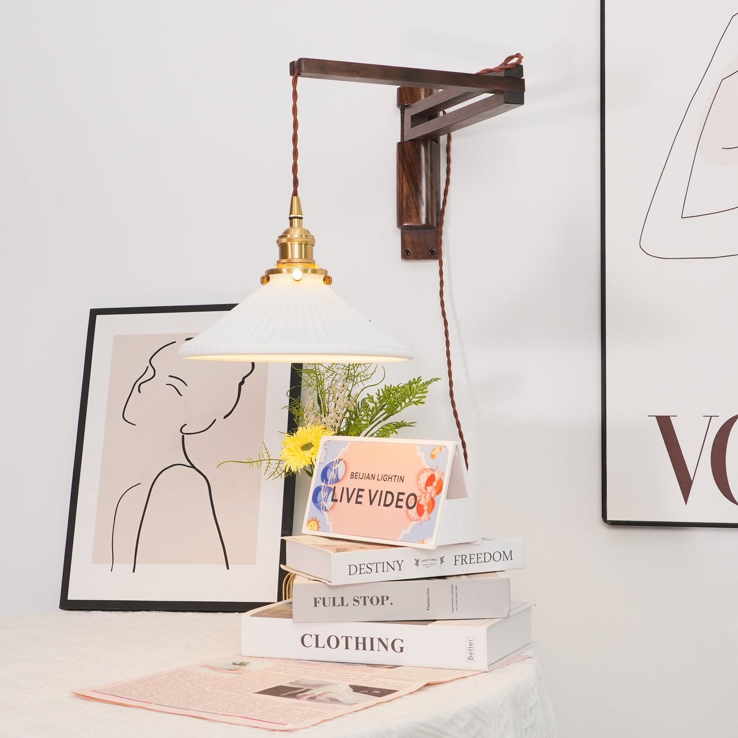Swing Arm Walnut Wall Light with Adjustable Arm and Shade