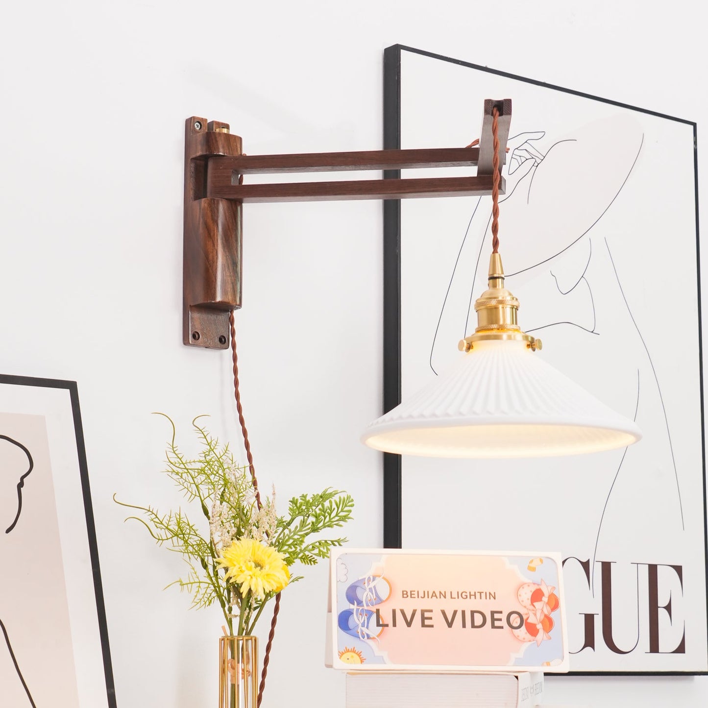 Swing Arm Walnut Wall Light with Adjustable Arm and Shade