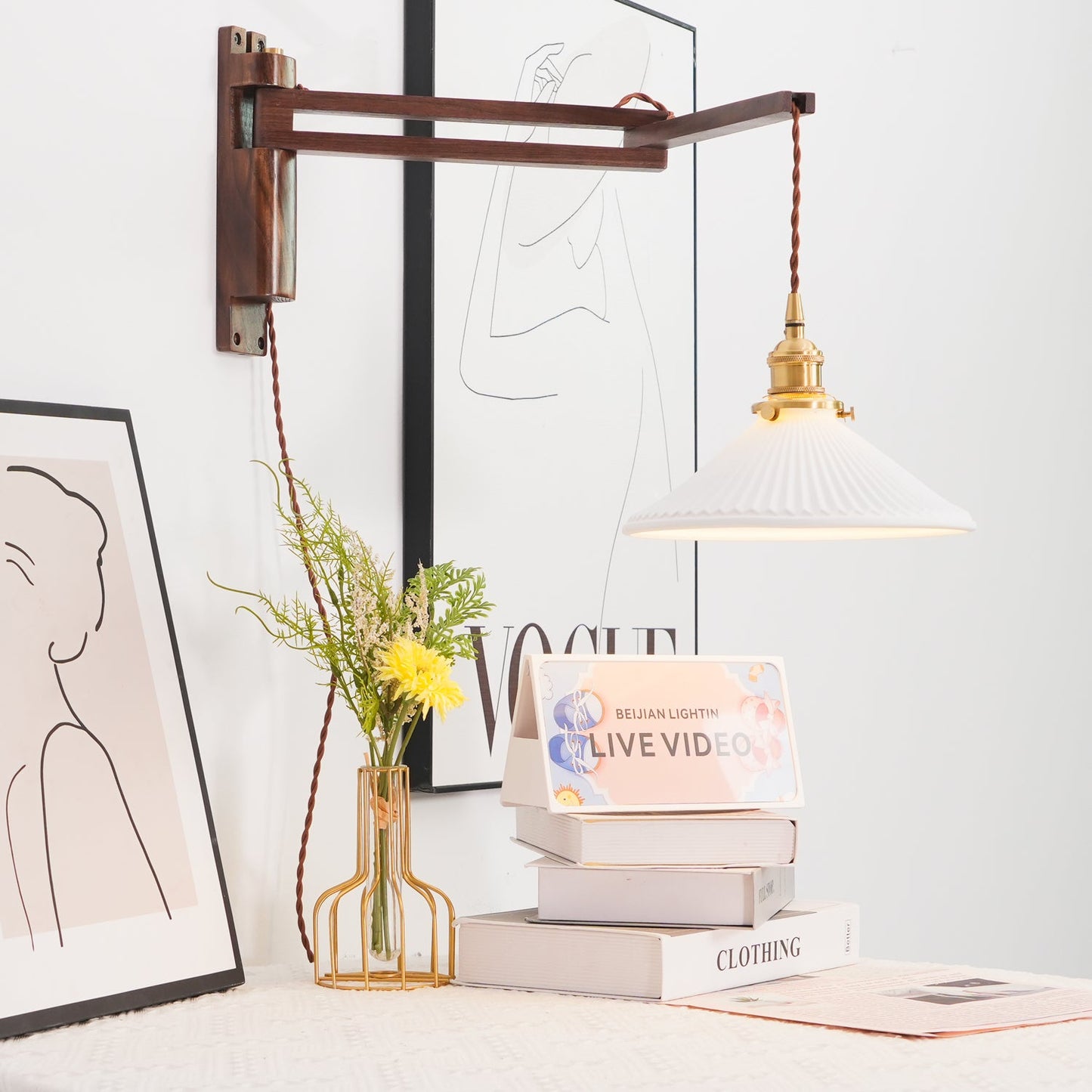 Swing Arm Walnut Wall Light with Adjustable Arm and Shade