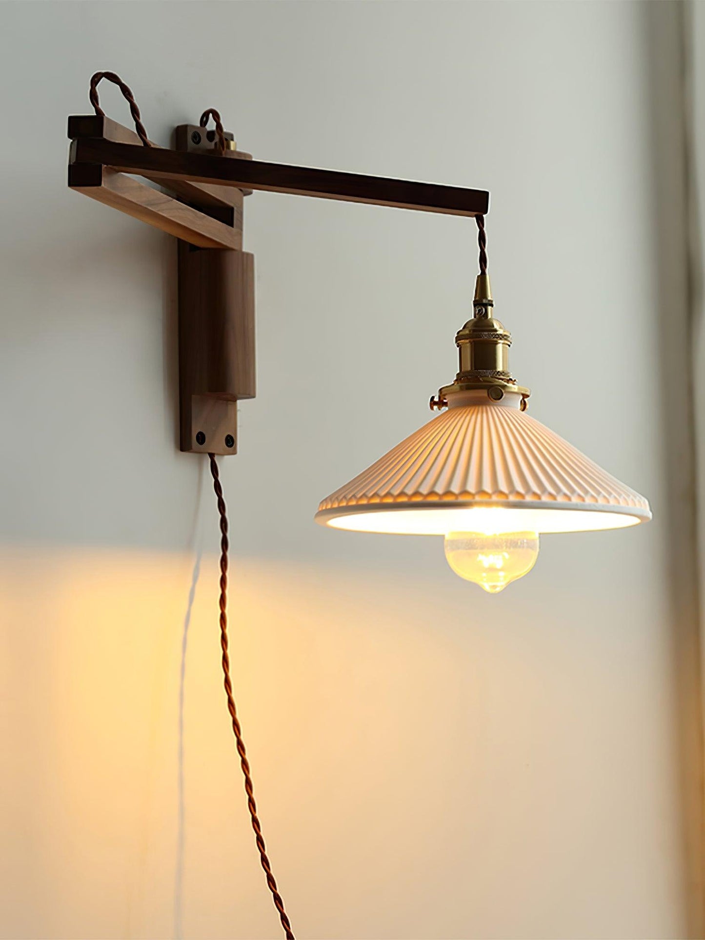 Swing Arm Walnut Wall Light with Adjustable Arm and Shade