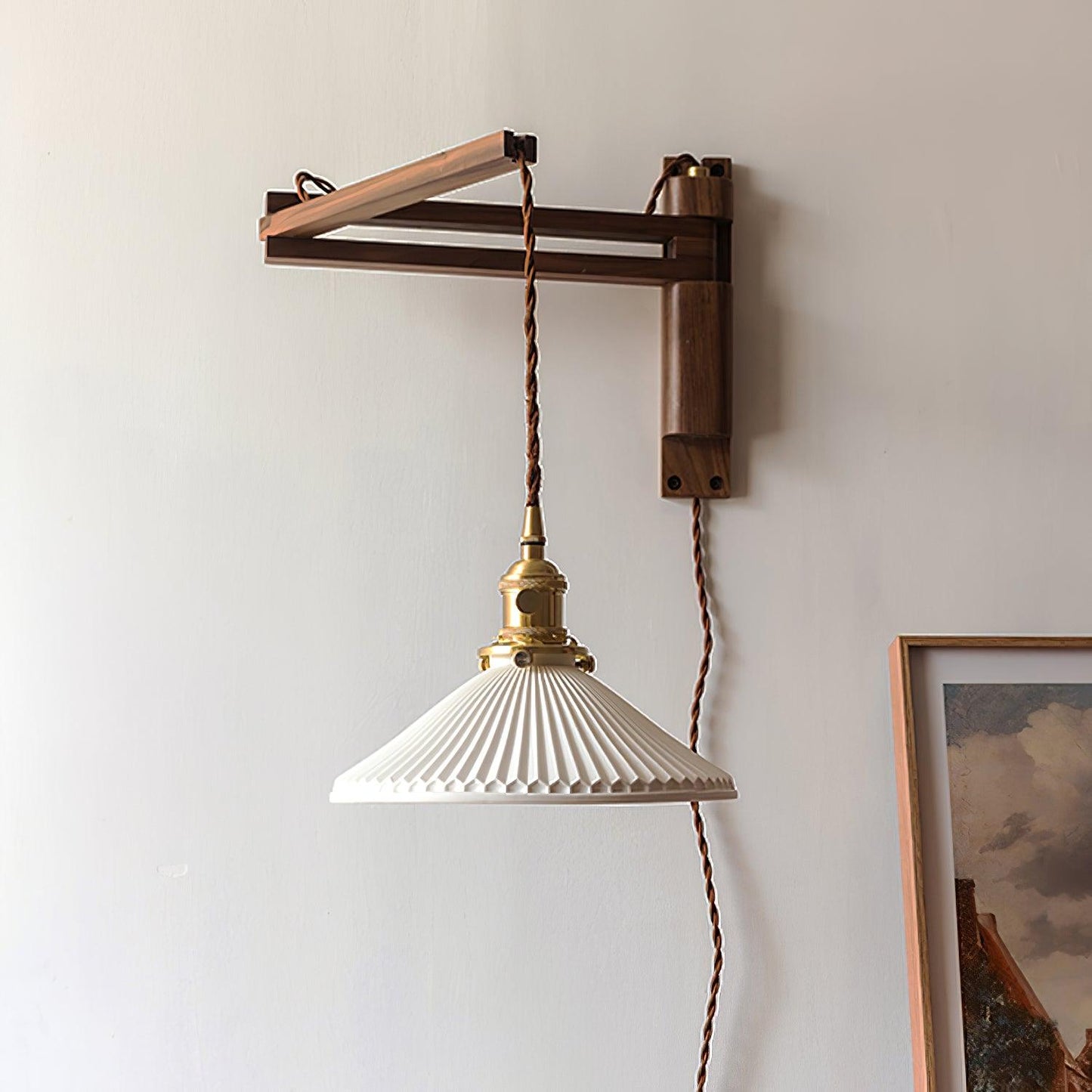 Swing Arm Walnut Wall Light with Adjustable Arm and Shade