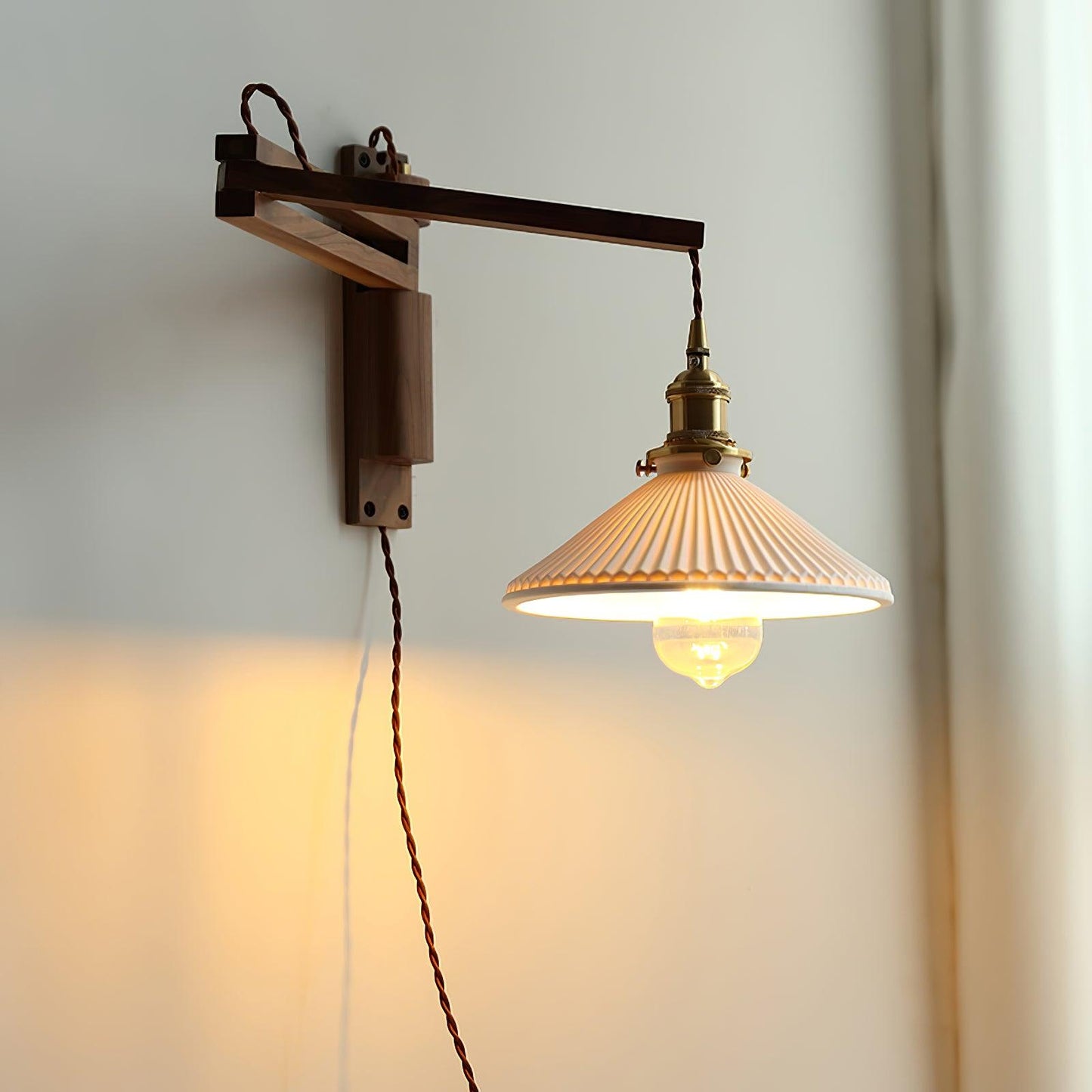 Swing Arm Walnut Wall Light with Adjustable Arm and Shade