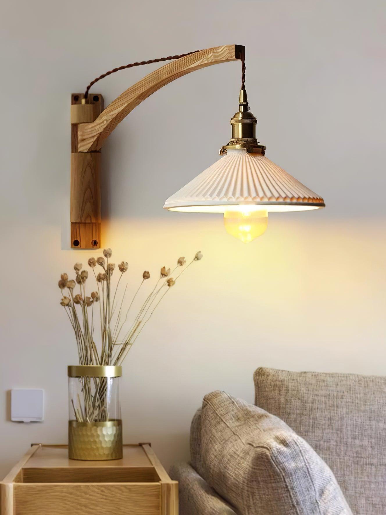 Swing Arm Walnut Wall Light with Adjustable Arm and Shade