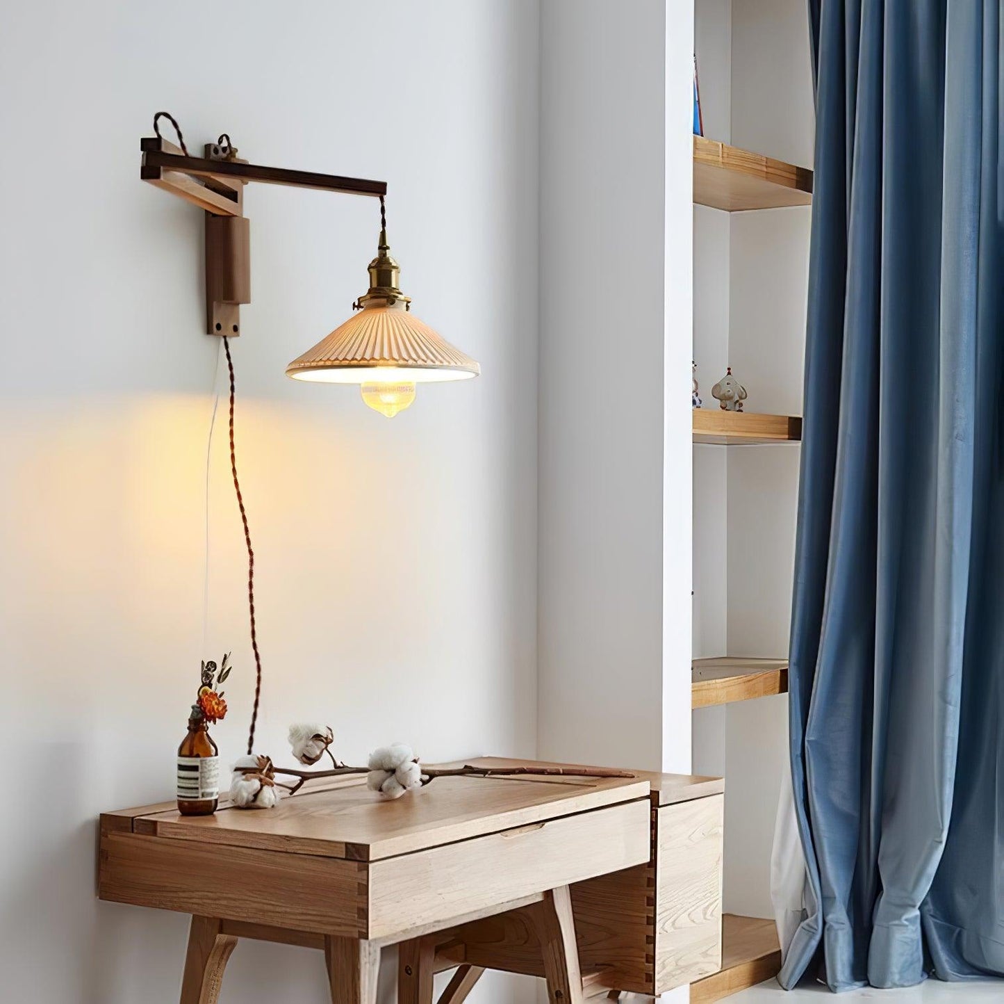 Swing Arm Walnut Wall Light with Adjustable Arm and Shade