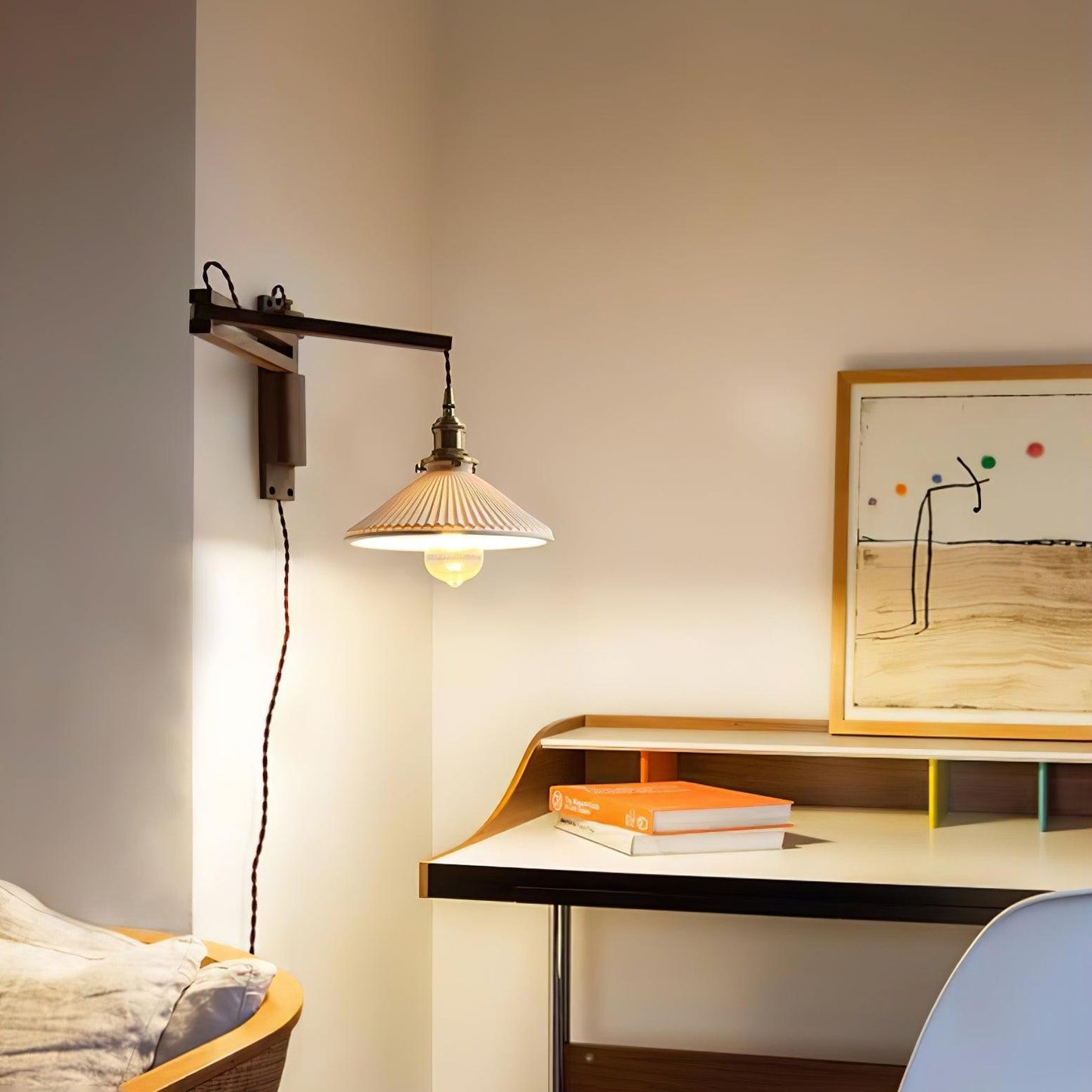 Swing Arm Walnut Wall Light with Adjustable Arm and Shade