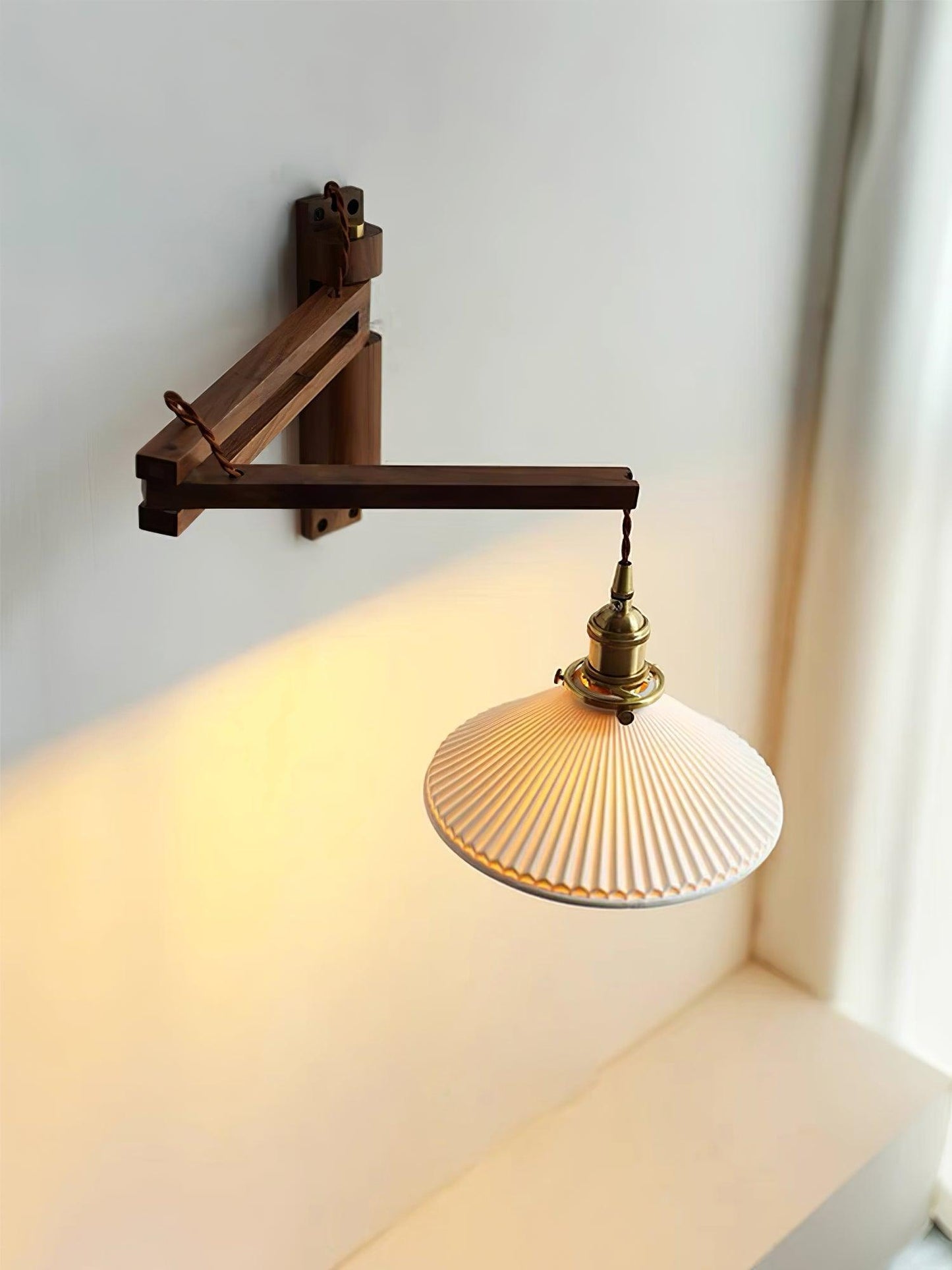 Swing Arm Walnut Wall Light with Adjustable Arm and Shade