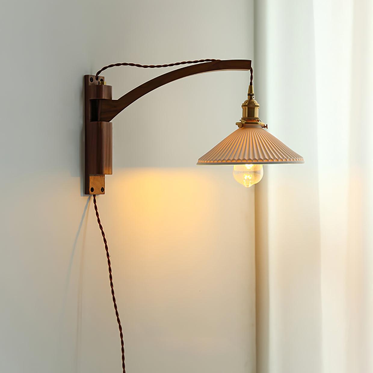 Swing Arm Walnut Wall Light with Adjustable Arm and Shade